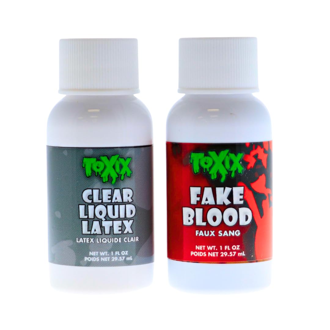 TOXIX Liquid Latex and Fake Blood Kit, 1 fl oz each, Clear Latex and Realistic Red Blood for Special Effects, Halloween Costumes, Scars, Wrinkles