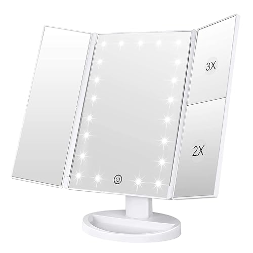 WEILY Makeup Mirror with 21 LED Lights,Two Power Supply Modes, Adjustable Touch Screen and 1x/2x/3x Magnification Tri-Fold Vanity Mirror,Chargeable