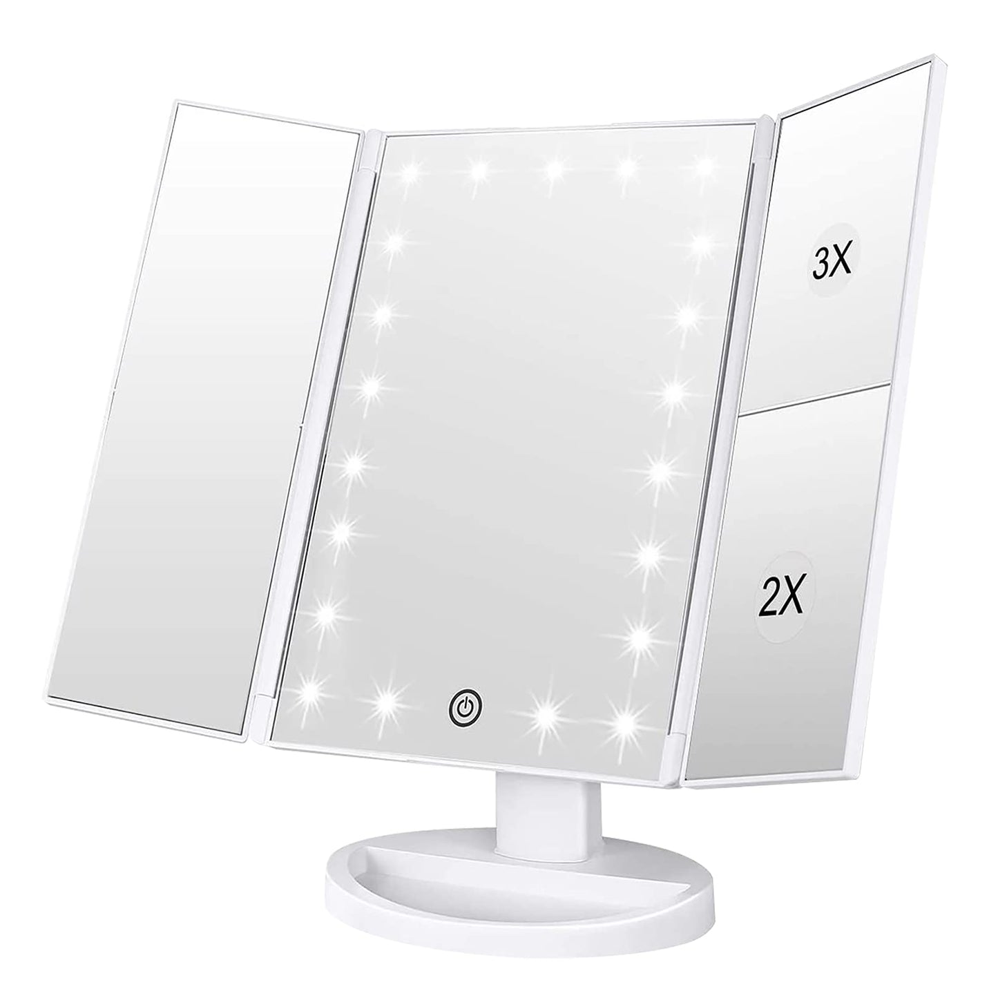 WEILY Makeup Mirror with 21 LED Lights,Two Power Supply Modes, Adjustable Touch Screen and 1x/2x/3x Magnification Tri-Fold Vanity Mirror,Chargeable