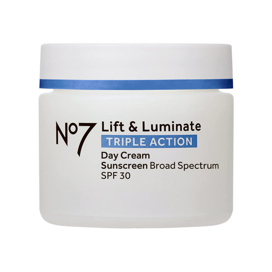 No7 Lift & Luminate Triple Action Fragrance Free Day Cream SPF 30 - Broad Spectrum Anti Aging Face Cream - Hydrating Hibiscus Peptides & Hyaluronic