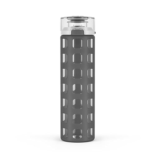 Ello Syndicate Glass Water Bottle with One-Touch Flip Lid, Grey , 20-ounce