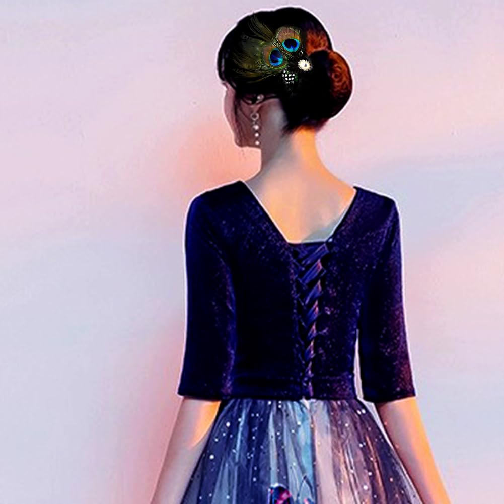 Aliotech Butterfly Peacock Feather Hair Clip with Artificial Pearl Rhinestones, 13.2*8cm - Bridal, Wedding & Party Hair Accessory