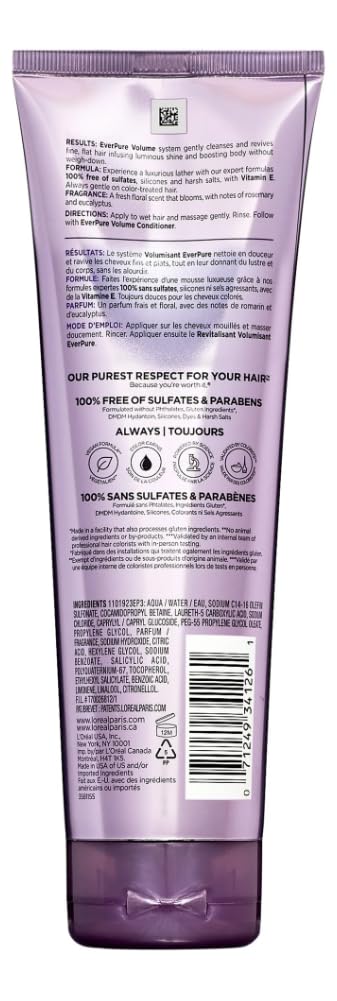 L'Oreal Paris EverPure Volume Sulfate Free Shampoo for Color-Treated Hair, Volume + Shine for Fine, Flat Hair, with Lotus Flower, 2 Count (8.5 Fl; Oz