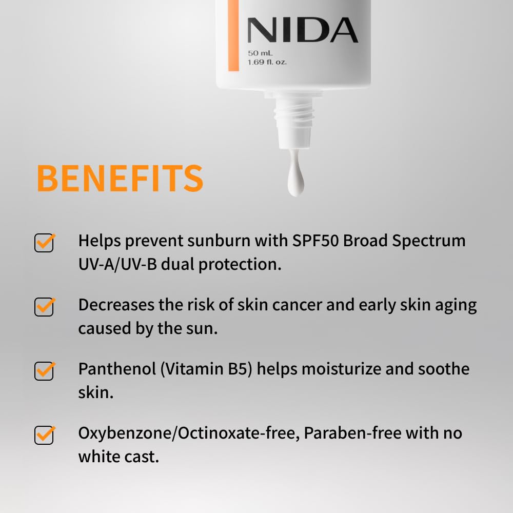 NIDA Invisible Fit Sunscreen SPF 50 Broad Spectrum UV-A/UV-B Protection | No White Cast, Low Irritation, Hydrating Lotion-like Lightweight Glow Beauty and Personal Care NIDA