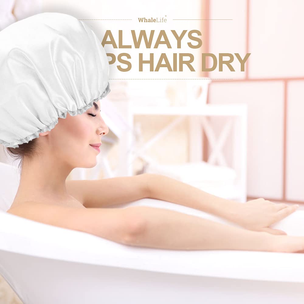 Shower Cap for Women Reusable Extra Large Shower Cap for Men (White 4 Pack Large) Satin Double Layer EVA Waterproof Long Hair Cap