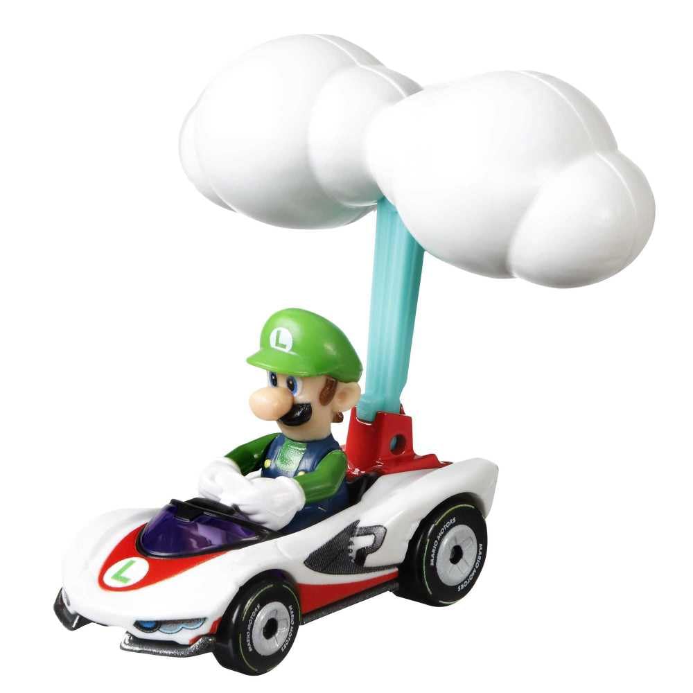 Hot Wheels Die-Cast Mario Kart Luigi in P-Wing Kart with Cloud Glider