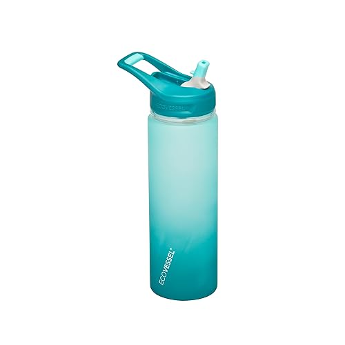 EcoVessel WAVE Tritan Plastic Sports Water Bottle with Flip Top Straw, Leak Proof Lid, and Carry Handle Reusable Water Bottle for Gym 24 oz (Forest…