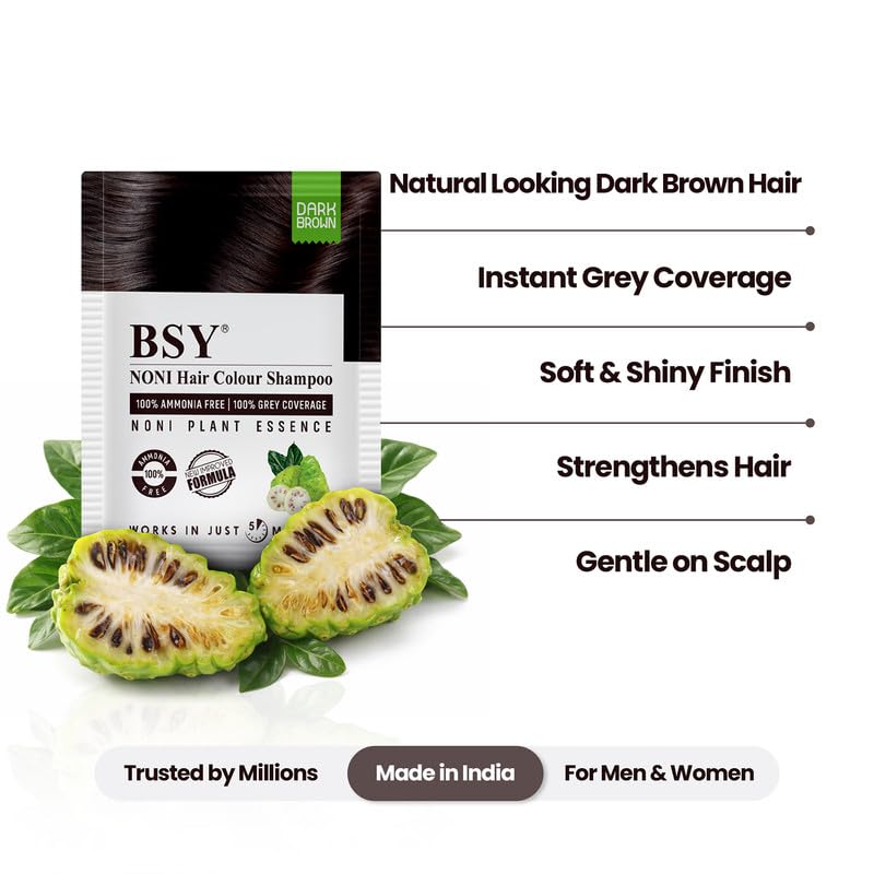 BSY Noni Dark Brown Hair Color Shampoo, Hair Dye, Hair Color Shampoo, 20mlx10 Sachets (Dark Brown, 20mlx10)