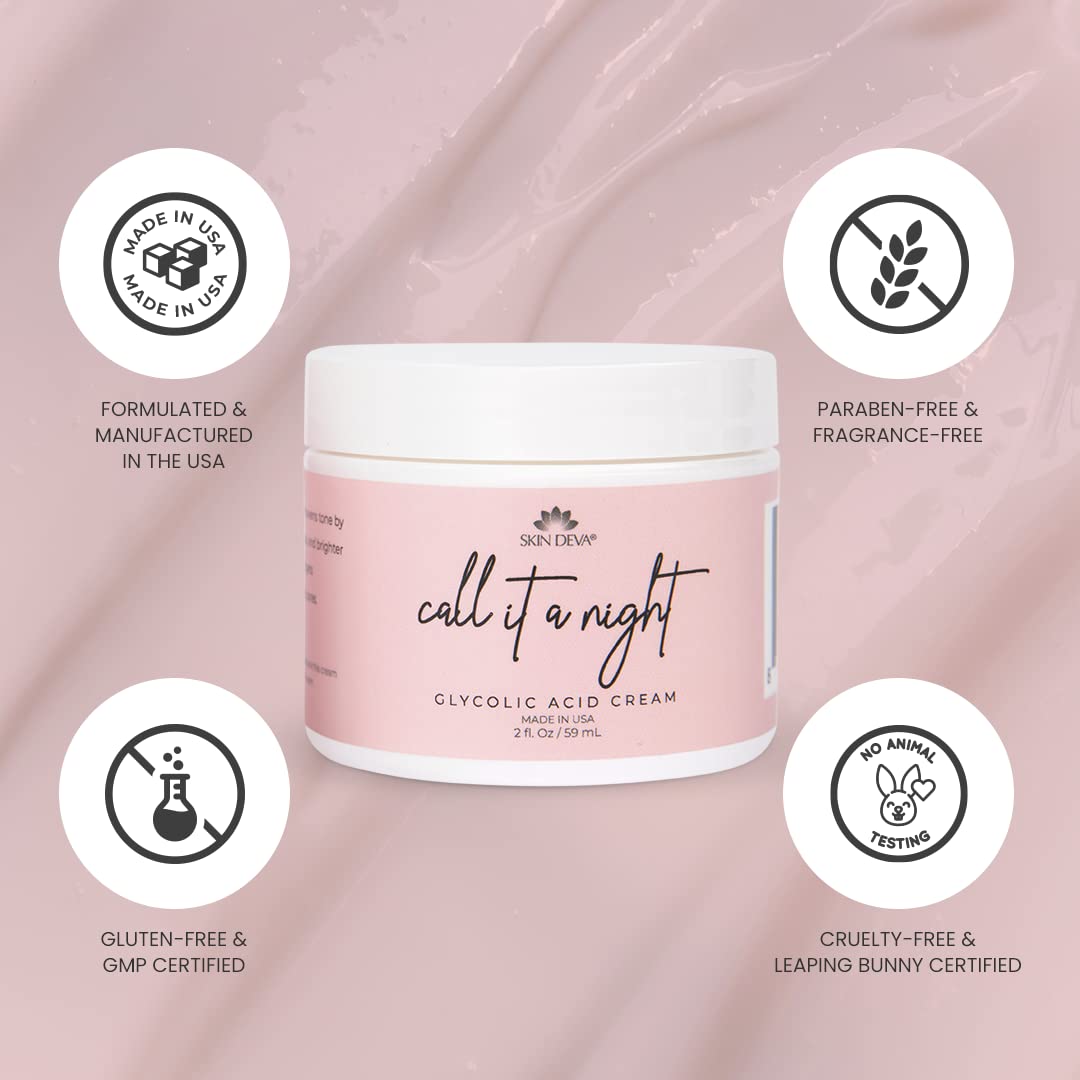 Skin Deva Glycolic Acid Cream Exfoliates Skin During Sleep - Brightens, Corrects Dark Spots & Shadows, Evens Skin Tone, Reduces Pores. Natural
