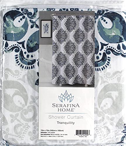 VCNY Home Navy Blue Shower Curtain: Tranquility Teal White Fabric Bohemian Floral Medallion Damask Design