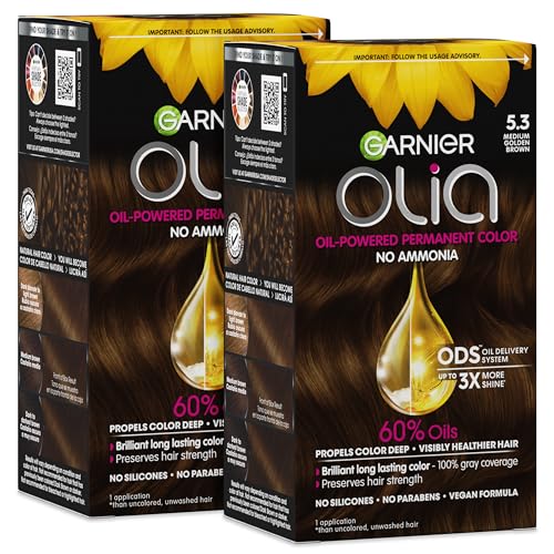 Garnier Olia Hair Color, Ammonia-Free Permanent Hair Dye, Oil-Powered Formula for 100% Gray Coverage and 3x Shinier Hair, Vegan & Cruelty Free, 5.3