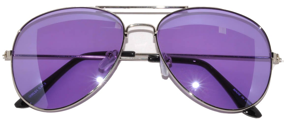 OWL Aviator Pilot Sunglasses for Women and Men Size Medium Silver Frame Purple Tinted Lens Glasses UV400 Protection