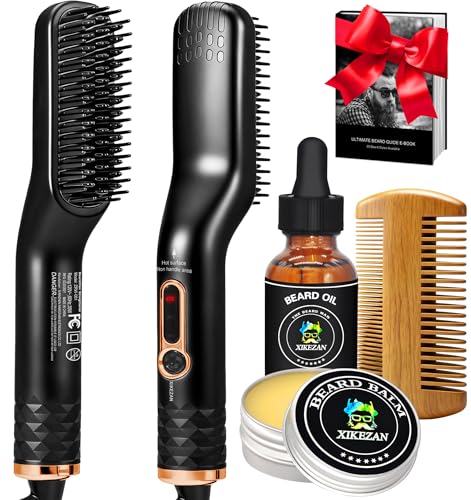 Beard Straightener for Men w/Beard Oil, Balm, Comb & E-Book for All Beard Type,w/Dual Voltage Travel-Friendly,Auto Shut-Off,Anti-Scald Feature Heated Beauty and Personal Care XIKEZAN