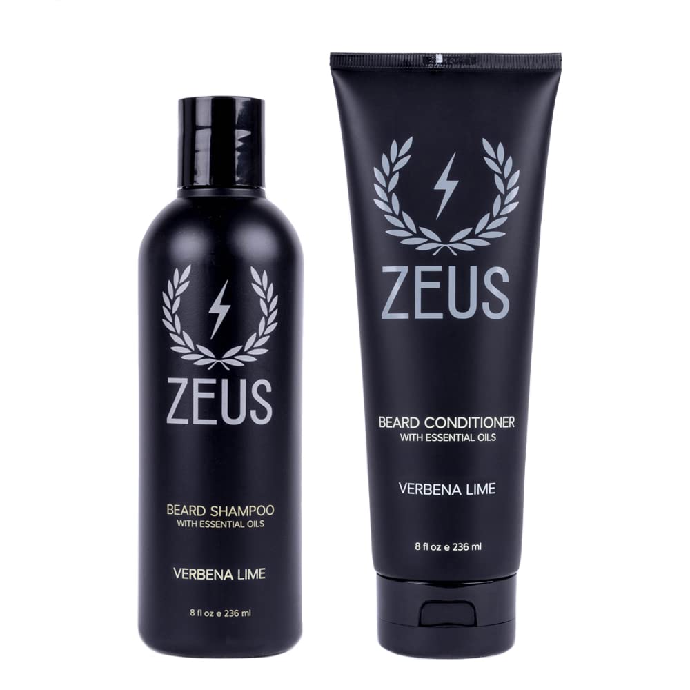 ZEUS Beard Wash Set for Men, Shampoo & Conditioner Duo with Green Tea & Essential Oils, Hydrates, Softens & Strengthens Beard Hair (Made in USA)