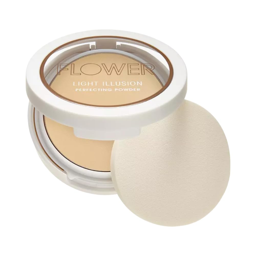 FLOWER BEAUTY Light Illusion Perfecting Powder Pressed Powder Face Makeup Buildable Medium Coverage with Blurring Pigments Includes Mirror Sponge