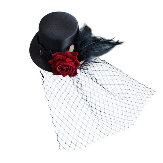 LEORX Small Top Hat Black Veil Hair Clip Flower Decor Top Hat Hair Accessories for Masquerade and Halloween