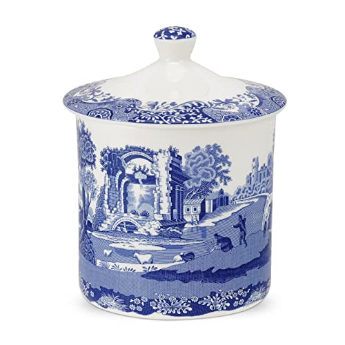 Spode Blue Italian Porcelain Kitchen Storage Jar - 7.5 Inch Airtight Food Container with Decorative Countryside Scene - Dry Goods Canister for Pantry…