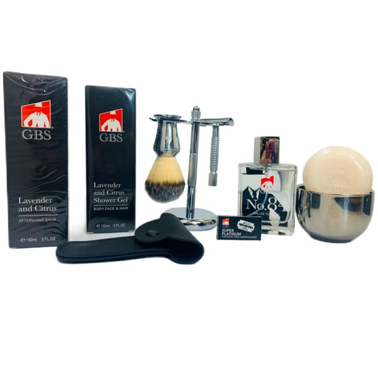 G.B.S Men’s Grooming Shaving Set 9 Pieces, Butterfly Razor, Bowl with Soap, Cologne, Synthetic Bristle Brush and Razor Chrome Stand Aftershave Shower Beauty and Personal Care G.B.S