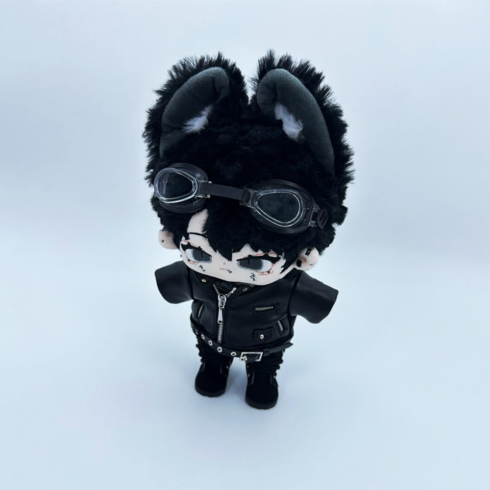 niannyyhouse 20cm Plush Doll Clothes Leather Coat Jeans Glasses Vest Shoes Jacket Outfit 8in Dolls Dress Up (Black-20cm)