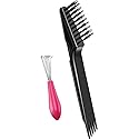 Boao 2 Pieces Hair Brush Cleaning Tool Comb Set Mini Hair Brush Dirt Remover with Metal Wire Rake for Removing Hair Dust Home and Salon Use(Pink