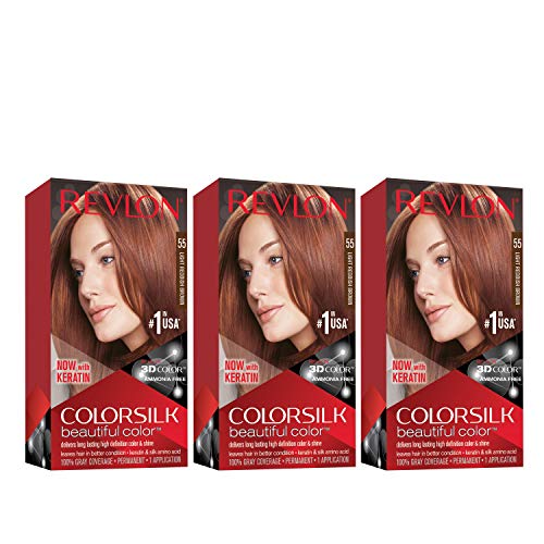 Revlon Permanent Hair Color, Permanent Hair Dye, Colorsilk with 100% Gray Coverage, Ammonia-Free, Keratin and Amino Acids, 55 Light Reddish Brown, 4.4