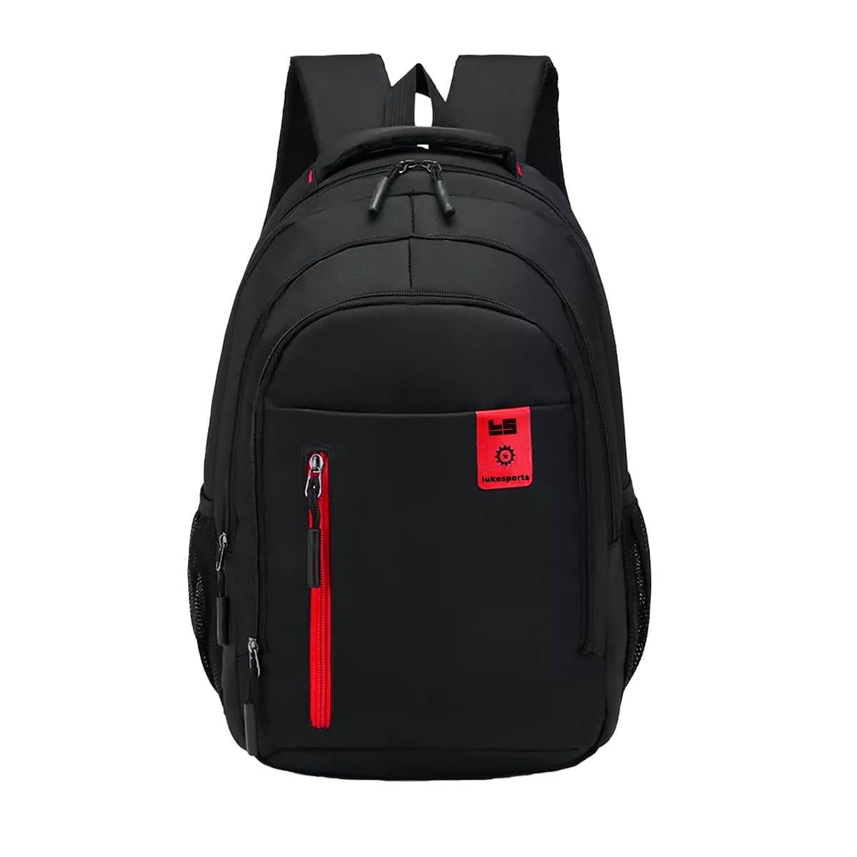 Luke Sports Heavy Duty Notebook Backpack Black and Red Three Front Pockets Two Side Pockets Scratch-Proof Fabric