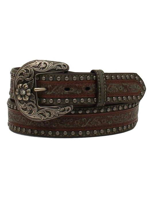 Nocona Ladies Belt 1 1/2 Embossed Overlay Studs Brown
