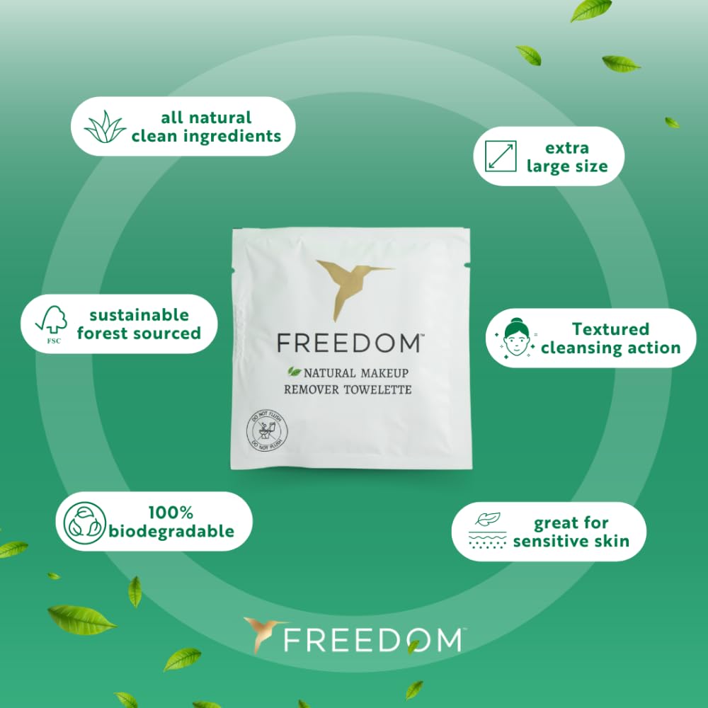 Freedom Makeup Remover Wipes for Face, Individually Wrapped - Unscented & Sustainable, For Sensitive Skin, All Natural Ingredients & Essential Oils (1