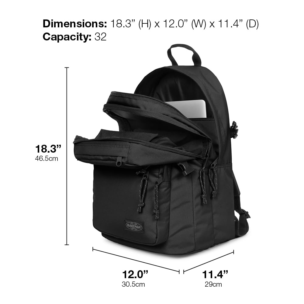 EASTPAK Double Pro - 32L Performance Backpack with 16" Laptop Sleeve, Dual Compartments, Security Pocket, Bottle Holder & Organizer, Black Denim