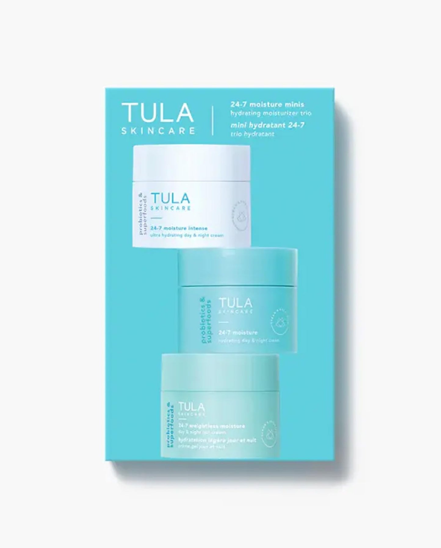 TULA Skin Care 24-7 Moisture Minis - Hydrating Day & Night Cream Moisturizer Travel Trio, Includes 0.5 oz Original, Moisture Intense & Weightless 24-7