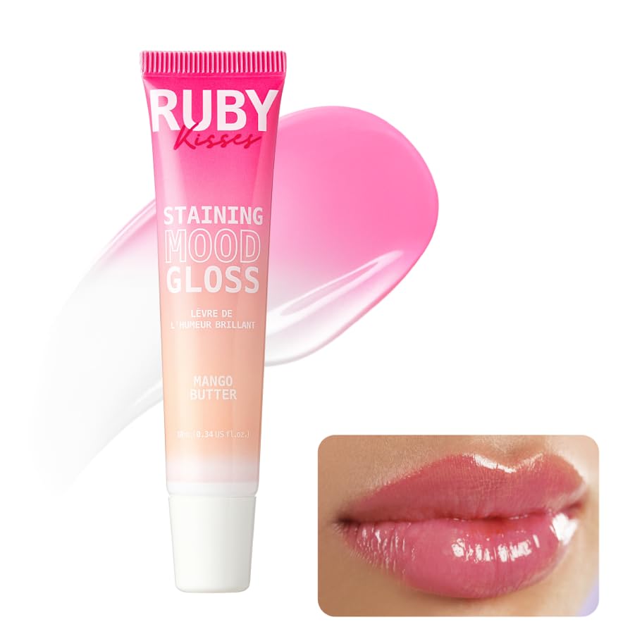 Ruby Kisses pH Lip Gloss, Pink Tinted Lip Balm Stain, Mood Color Changing Lipstick with Mango Butter for Long-Lasting Hydration