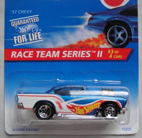 Hot Wheels Race Team Series II #3 of 4 Cars, Blue/White '57 Chevy 5 Spoke Collect The Coolest Card