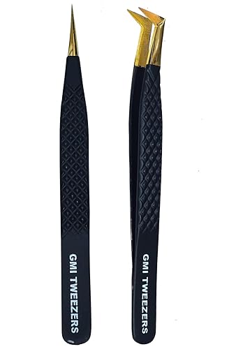 2pcs Black Straight and L-Shaped (Boot) Gold Pointed Eyelash Tweezers for Lash Extension - Stainless Steel Precision Tweezers for Volume and Classic