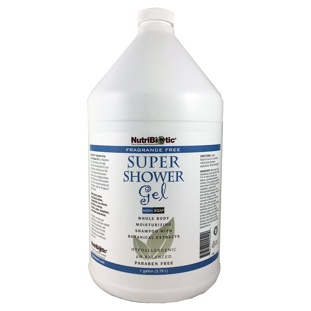 NutriBiotic - Fragrance-Free Super Shower Gel, 1 Gallon | Whole-Body Moisturizing Shampoo with GSE & Botanical Extracts | Non-Soap, pH Balanced & Free