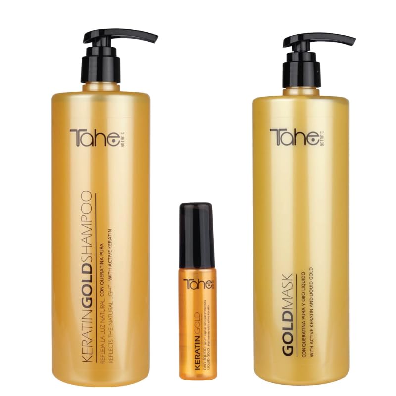 TAHE Keratin Gold Shampoo(1000ml), Mask(1000ml), and Serum(30ml) Set , New Presentation