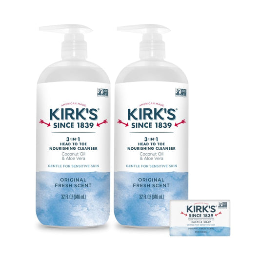 Kirk's Original Fresh 3-in-1 Nourishing Cleanser and Travel Bar Soap, Shampoo Body Wash Bubble Bath, Coconut Oil and Aloe Vera, Vegan Non-GMO, 32 Fl