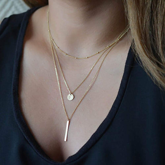 DoubleNine Multilayer Necklace Gold Bar Pendant Simple Sequins Geometric Necklace Layered for Women Beauty & Personal Care Doubnine