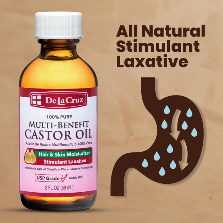 De La Cruz Castor Oil - 100% Pure Castor Oil for Hair, Skin, Eyelashes, and Eyebrows, Glass Bottle - USP Grade, 2 FL OZ