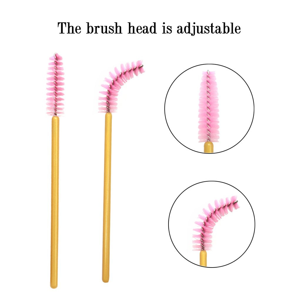 300 Pack Mascara Wand Eyelash Brush Disposable Eye Lash Applicator Makeup Tool Kit, Gold/Pink