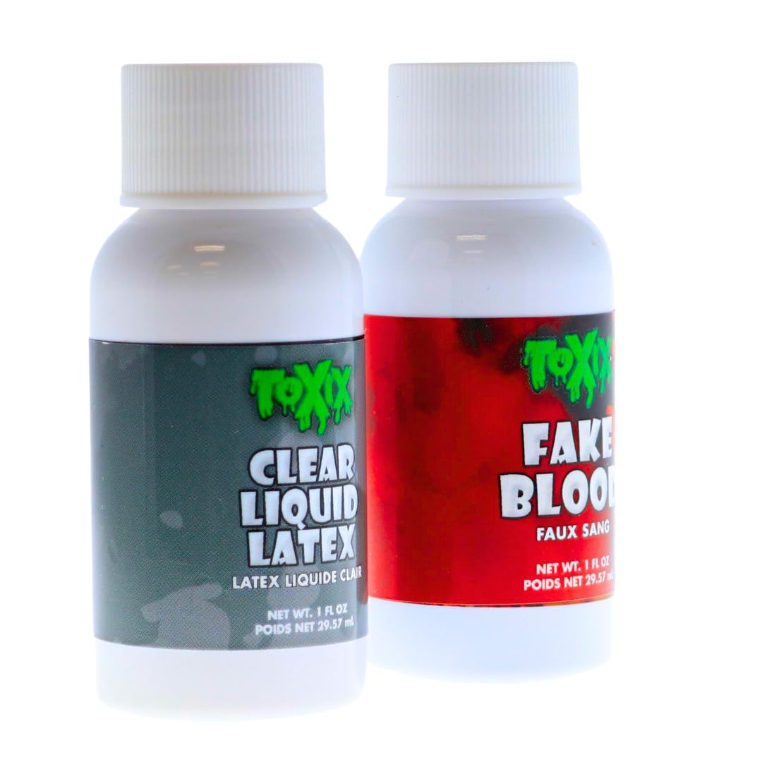 TOXIX Liquid Latex and Fake Blood Kit, 1 fl oz each, Clear Latex and Realistic Red Blood for Special Effects, Halloween Costumes, Scars, Wrinkles