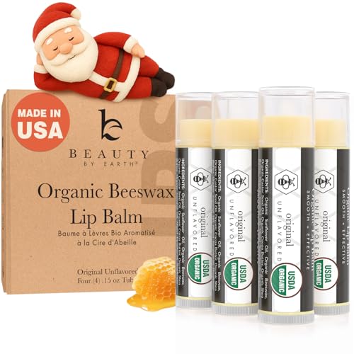 USDA Organic Lip Balm - USA Made with Natural Ingredients, Mens Stocking Stuffers, 4 Pack Unflavored Chapstick for Dry Lips, Beauty Birthday Gifts