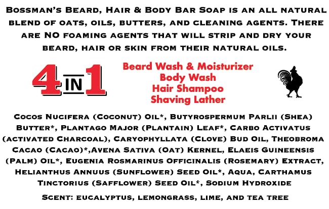 Bossman 6-Pack 4-in-1 Bar Soap for Men – All Natural Organic Beard Wash, Shampoo, Body Wash, Shaving Soap – Lavender & Patchouli Scent