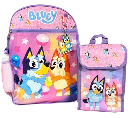 Fast Forward Bluey Backpack Set 5 Piece Bookbag and Snack Tote Matching Accessories for Back to School with Water Bottle