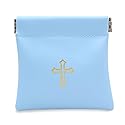 Squeeze Top Rosary Pouch Light Blue Faux Leather with Cross Imprint