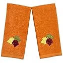Serafina Home Decor Farmhouse Fall Hand Towels: Terracotta Rust Cotton Towels with Autumn Leaves of Burgundy Green and Yellow Hand Towel, 2 Piece Set