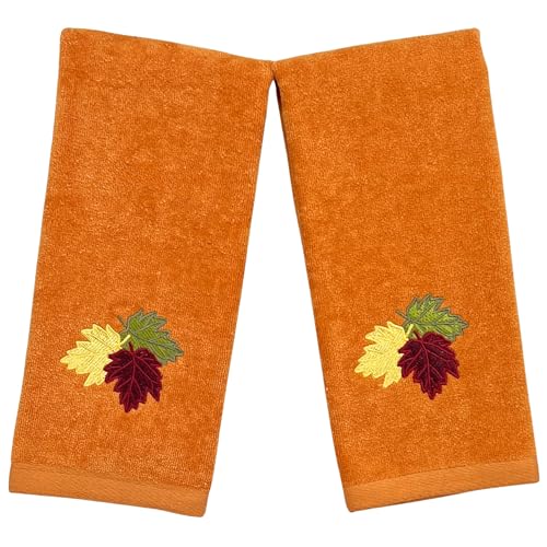 Serafina Home Decor Farmhouse Fall Hand Towels: Terracotta Rust Cotton Towels with Autumn Leaves of Burgundy Green and Yellow Hand Towel, 2 Piece Set