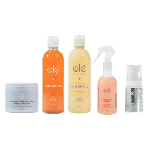 OLÉ Color-Protective Hair 5 Piece Pack - Fruit Mix Shampoo + Mango Butter & Tangerine Conditioner + Detangling Thermo protector + Anti-Frizz