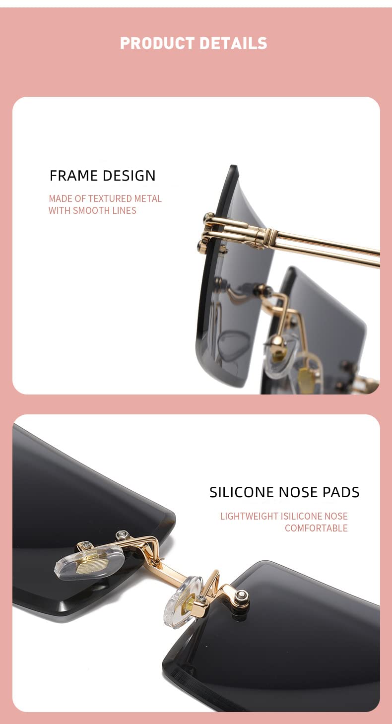 HANDA Rimless Rectangle Sunglasses for Women Men UV400 Protection Lens Sun Glasses Square Shade Metal Frame Eyewear (Black)