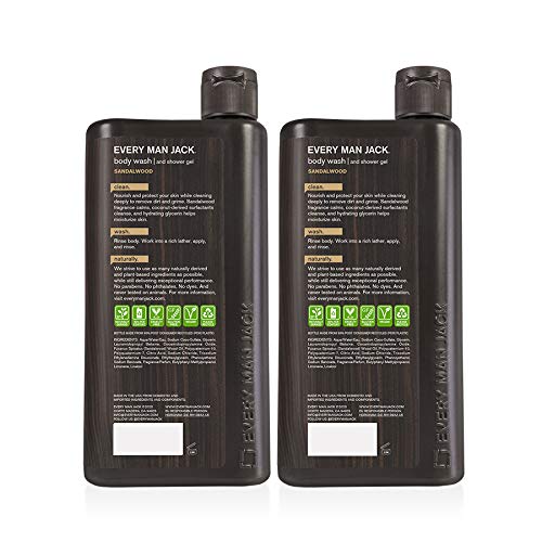 Every Man Jack Men's Body Wash Twin Pack - Sandalwood | 16.9-ounce - 2 Bottles Included | Naturally Derived, Parabens-free, Dye-free, and Certified