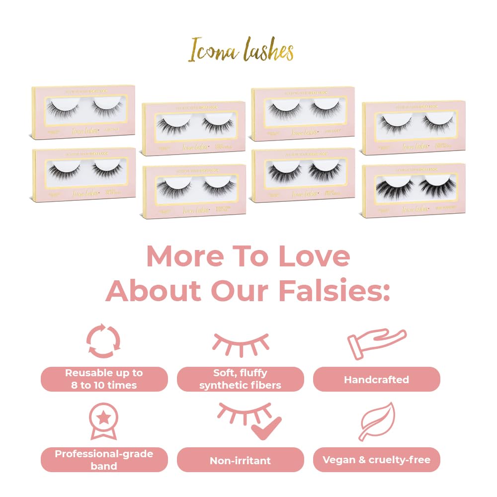 Icona Lashes False Eyelashes Pack - Fake Eyelashes Extensions - Soft, Fluffy Falsies with Tapered Ends & Professional-Grade Band - Handmade, Vegan